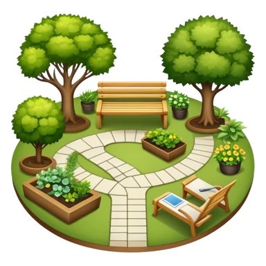 Icon for Landscape Design: a garden layout with trees, plants, pathways, and outdoor furniture, along with design tools like a ruler and sketchpad. The icon should represent the creativity and planning behind landscape design. Transparent background. sticker