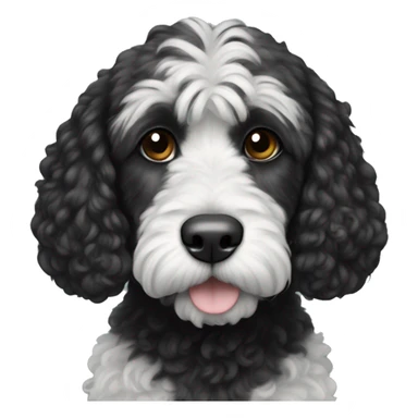 Black cockapoo dog with a white big stripe from the chin to the belly. The moustache is also black sticker
