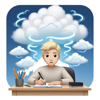 A person sits at a desk by swirling stress clouds. In front of them, a glowing version of their "future self" reaches out, handing them a pen. As they take the pen, the stress clouds begin to dissolve, symbolizing how action breaks procrastination  sticker