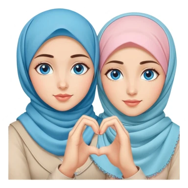 Turkish beautiful finish Konya two girls blue eyes with pastel hijab and making love heart with hand gesture sticker