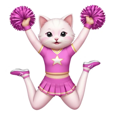 A cute chubby white kitten cheerleader in pastel uniform jumping in cheer pose. sticker