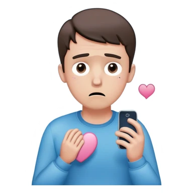anxious man with wide worried eyes and slightly frowning mouth overthinking with sweat drops, a cracked heart symbol nearby, holding a phone in hand, body posture tense and reaching forward showing fear of abandonment, minimal soft rounded design with gentle blue and pink colors sticker