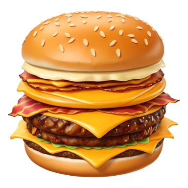 bacon burger object icon, crispy bacon strips, beef patty, melted cheese, sesame bun, 3D cartoon, mobile game icon style, clean background, no text, no watermark
 sticker
