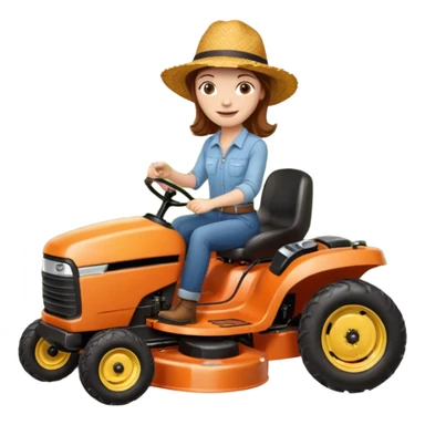 White woman with brown hair, without glasses wearing a straw hat, on old orange ride on lawn mower, holding a beer with one hand and holding the steering wheel with the other hand. Woman is smiling. Lawn mower has “Westwood” written on the engine cover sticker