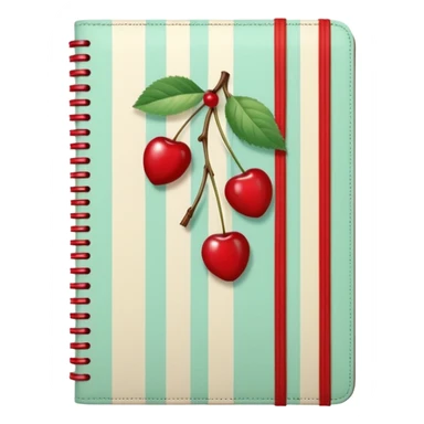 Cute vintage notebook cover, mint and cream vertical stripes, red spine
Hand-drawn cherries with leopard bow, playful feminine aesthetic
Flat illustration, clean composition, soft retro color palette sticker