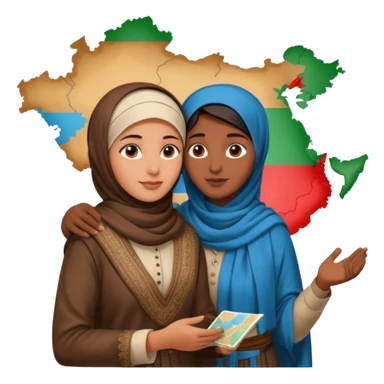 An emotional artistic illustration of an Indian man and an Afghan hijabi girl standing on the maps of India and Afghanistan, symbolically embracing despite the distance, showing love beyond borders. sticker