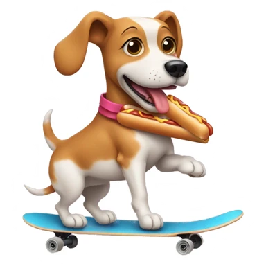 A dog riding a skateboard holding a hotdog  sticker