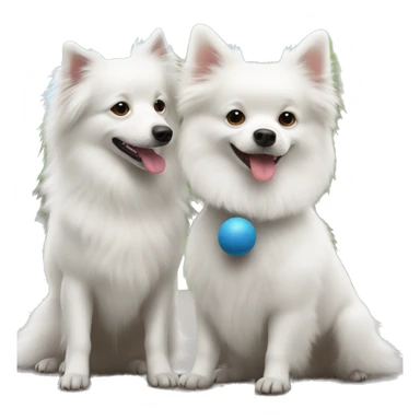 White Spitz with another white dog, taller than him, playing together with a ball sticker