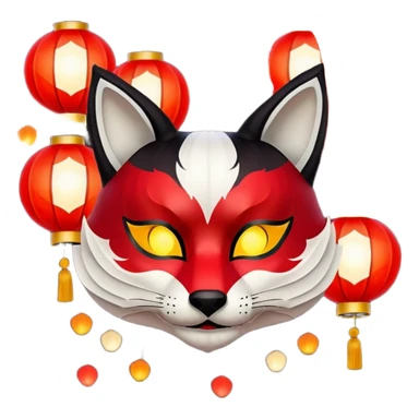 kitsune mask, worn by a festival performer at night, paper lanterns in background, colorful bokeh lights sticker