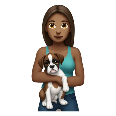 A woman with brown hair holding her black and white boxer like a baby sticker