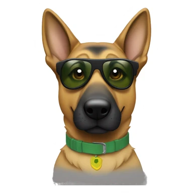 Slim weak german shepherd with green-yellow belt and full black sunglasses and hair colour gray and a little brown near mouth from the front view sticker
