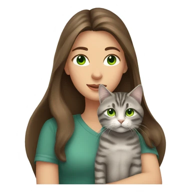 A woman with long brown hair and green eyes holds a gray tabby cat with green eyes in her arms sticker