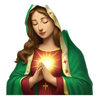 Virgin Mary: kind face looking down at the left, long brown hair, Wearing an emerald green  robe with gold stars and a burgundy red dress,  Hands in prayer or blessing. Halo around her head. standing in front of a big sun. colorful roses on the sides  sticker