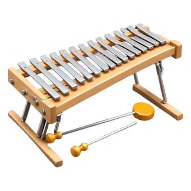 Create a vibrant and detailed emoji representing a professional wood xylophone. The design should feature the sleek wooden keys of the xylophone, arranged neatly on the frame, with metal bars clearly visible. Add the mallets placed beside the instrument or in motion, highlighting their soft rubber heads. Use warm, natural wood tones for the keys, with subtle metallic accents to reflect the professional quality of the instrument. Add small musical notes or soundwaves around the xylophone to evoke its bright, percussive sound. The background should be transparent. sticker