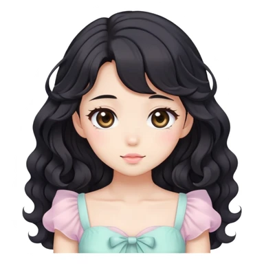 Cute kawaii anime lady with beautiful black wavy hair wearing a gorgeous soft feminine pastel dress sticker