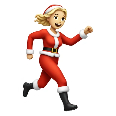 A white woman running, with a large stride and arms outstretched, in a santa costume sticker