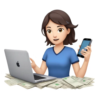 woman holding a phone in one hand, laptop open in front, storm of receipts, invoices, and reminders swirling around, multitasking chaos sticker