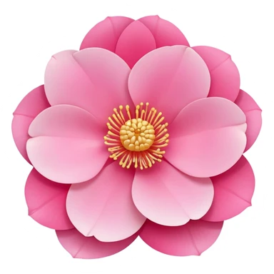 camellia flower, flat design, 5 layered pink petals with soft gradient, golden stamen in center, minimal outline, clean circular shape, pastel colors sticker