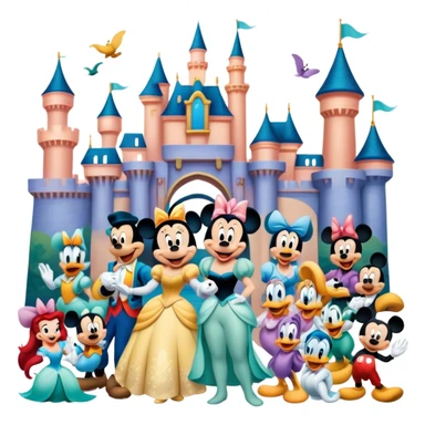 A vibrant collage featuring iconic characters like one Goofy, one Mickey Mouse, one Ariel, one Jasmine and one Franco. Each character should be large and bright, set against a cheerful and playful background with Disneyland. Transparent background. sticker