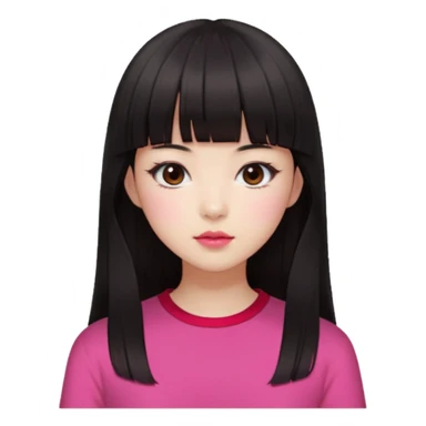 Korean girl, red top, black brown hair, brown eyes, long hair, cool girl, aesthetic, long hair, hime cut, blunt bangs, pink lips, pink cheek sticker
