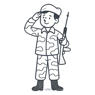 Remove the text from the chest, keep the little soldier with a camouflage uniform in cream, brown, and beige colors, saluting like a military figure, in a hand-drawn style. sticker