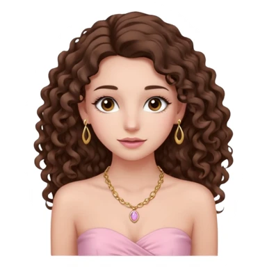 crée moi une jeune fille très belle avec les cheveux bouclés long brune avec un top  sans manche ni brettelles juste un 'bandeau' de couleur rose clair avec un peu de maquillage et des beauxcils un collier en or sticker