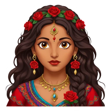 A beautiful Romani woman with deep, expressive eyes and long, wavy dark hair. She wears a vibrant, traditional outfit with intricate patterns and golden jewelry. A red rose is tucked behind her ear, adding a touch of elegance. Her expression is confident and mysterious, as she stands under the warm glow of lanterns, evoking a sense of freedom and passion sticker