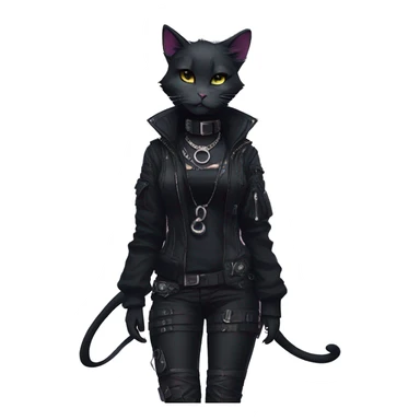 Gorgeous gothic dark techwear cyberpunk anime style sona anthro cat, aesthetic, and pretty edgy black with collar and harness, trending style sticker