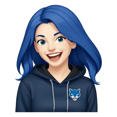 White 30 year old woman with really long dark blue hair head back laughing hysterically wearing a black hoodie with a PUMA logo sticker