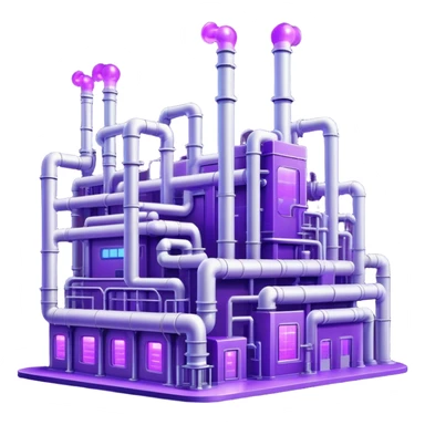 AI-powered factory. It should be a building with pipes. Add violet glowing symbolizing power of AI sticker
