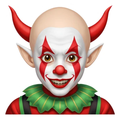 Crea un payaso que tenga toda la parte de la cara pintada de blanco que también de blanco esté la calva que no tenga pelo que tenga unas orejas como de duende, unos dientes picudos, unos cuernos de color negro y un traje de payaso rojo con negro sticker