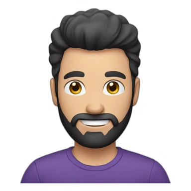 a white man with a black beard, pointing the camera with his index finger, he wears a purple tshirt, smiling,he has a modern haircut sticker