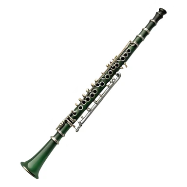 Create an elegant and refined emoji representing A clarinet. The design should showcase the sleek, black wood finish of the clarinet with its shiny metal keys and elegant detailing. Include the distinct, high-quality features, such as the unique greenish tint of the wood, giving it a modern and sophisticated look. Add subtle elements like the mouthpiece with the reed, emphasizing its importance in sound production. Use dark tones like ebony, silver for the keys, and soft light reflections to evoke a professional, classical feel. The background should be transparent. sticker