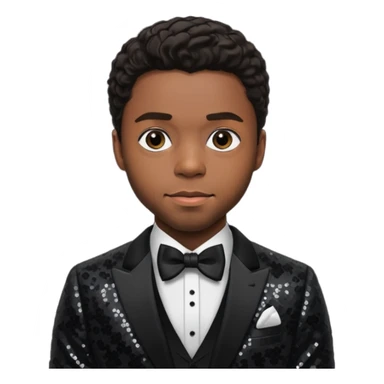 Chadwick Boseman with dark brown hair, black sequin suit with bow tie sticker
