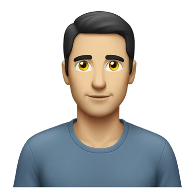 white man with black hair and yellow eye, no mustache. he is wearing blu shirt that says "ai".  sticker