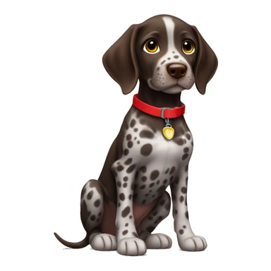 Dark Brown spotted German short haired pointer puppy with ticking with red collar  sticker