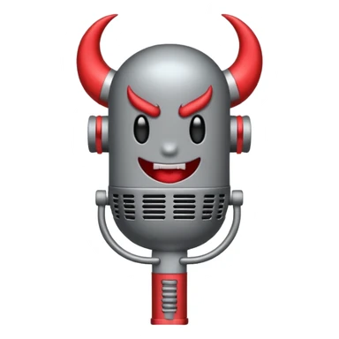 Minimalist emoji-style sticker of a classic retro microphone with small devil horns and a subtle tail wrapping the base. Grayscale with slight red accents.
 sticker
