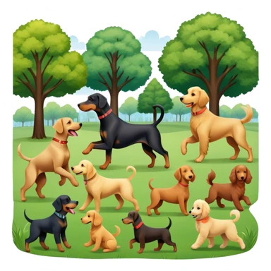 Collage of various dog breeds like Doberman, Poodle, Dachshund, and Golden Retriever, playing in a park with trees and grass. Some dogs run, others sit, all are full of energy and happiness. A joyful, colorful scene with playful expressions. Transparent background. sticker