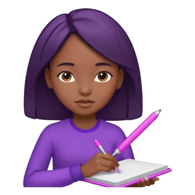 Une fille noir au cheveux lisse qui est entrain d’écrire avec un stylo rose sur un cahier violet sticker