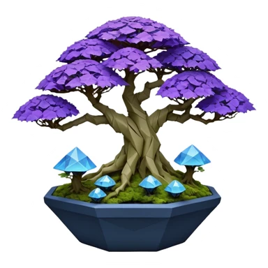 Futuristic wild glowing et alien moss maples Bonsai hair-fine-leaf group multi faceted crystal boxwood Darth Vaderpurple and cream rose blue informal rocky cliffhanger eight trees forest planting in shallow origami slab style pot with big anthropomorphic feet  sticker