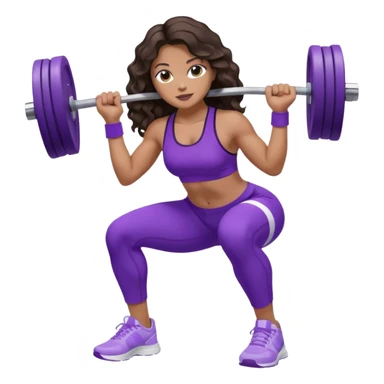 mujer de tez trigueña, con cabello castaño oscuro ondulado con pequeñas ondas, con el cabello super largo hasta las rodillas estilizado, con ropa deportiva morada/lila, tenis blancos deportivos y levantando una pesa sticker