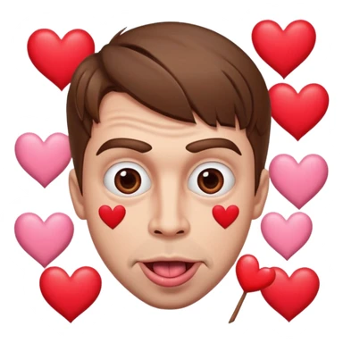 A cross eyed man with brown hair goon face their tongue out far with Valentine’s Day decor/hearts around eyes facing different directions sticker