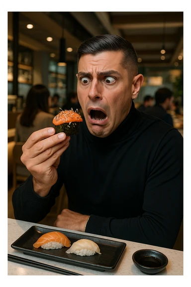 a man in casual clothes is about to eat a salmon gunkan at a sushi restaurant. As he brings it closer, he spots tiny parasites and bacteria wriggling on the fish. His face contorts in a dramatic expression of shock and alarm, with his hand frozen mid-air. The setting is a modern sushi bar, with other diners in the background unaware of the situation. sticker