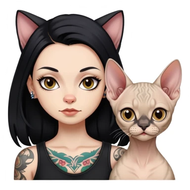 white girl with long black  straight hair and tattoos and  a Devon rex sticker