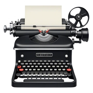 Create an emoji representing screenwriting. The design should feature an open script with visible dialogue and action lines, symbolizing the writing of a screenplay. Include a classic typewriter or a modern writing device, such as a laptop, to signify the process of creating a script. Add a cinema camera next to the script to emphasize the cinematic aspect of screenwriting. Use a professional color palette with black, white, and subtle metallic tones. Do not include any emojis or smiley faces. Make the background transparent. sticker