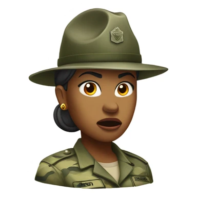 a female drill sergeant showing full torso wearing a classic sergeant hat and a camouflage army shirt. The character should have an angry intense expression.  sticker