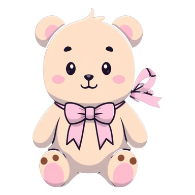 Stuffed teddy bear with light pink ribbon tied in a bow around its neck sticker