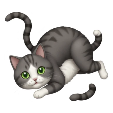 dark grey cat with green eyes, white toes/paws and white patch on her chest playfully rolling upside down sticker