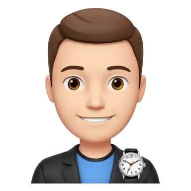 man wearing a black strap watch portrait, head and shoulders only, round face, soft jawline, friendly smile, black leather strap watch visible, 3D cartoon, mobile game icon style, clean background, no text, no watermark sticker