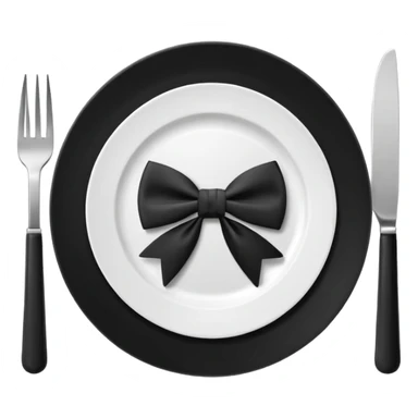Minimalistic flat vector icon, iOS style, thin black contour on white background. Fork and knife crossed on a plate with a small bow tie above. Clean, no text, no shadows sticker